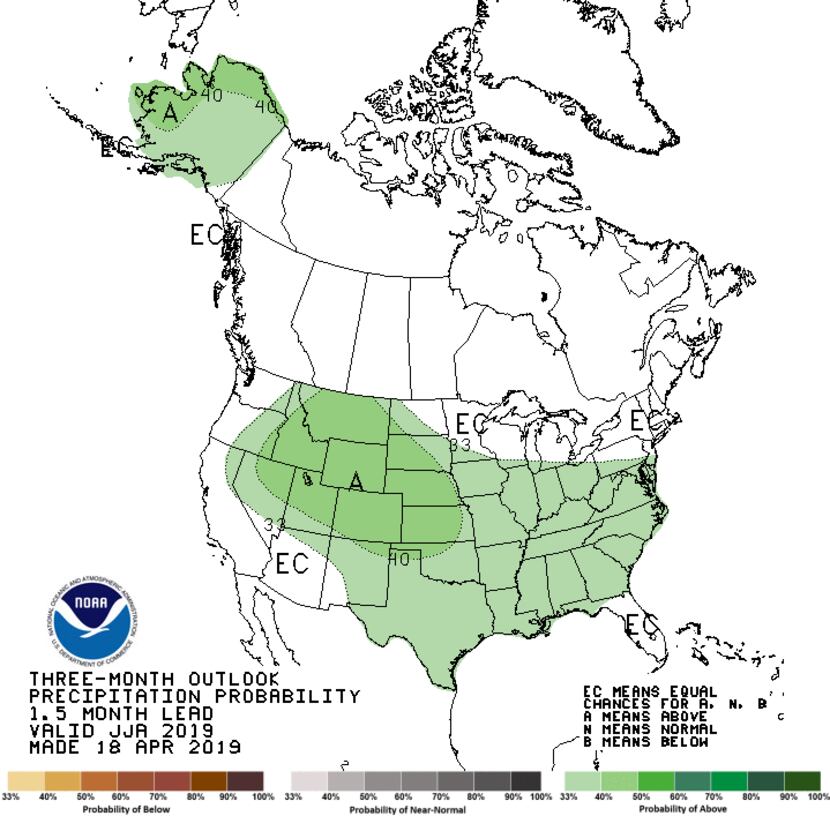 This map shows chances of above-average rainfall forecast in the U.S. from June through...