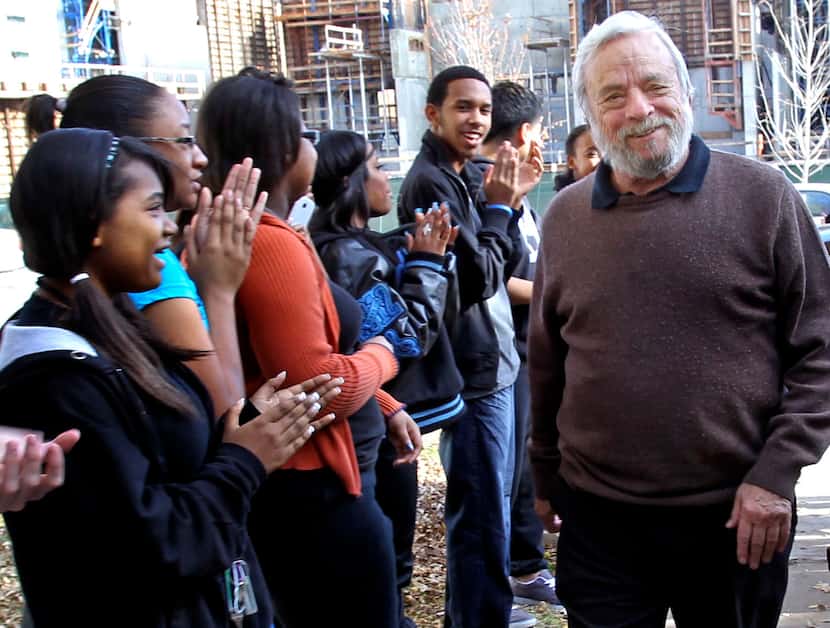 Stephen Sondheim was greeted by students as he arrived at Booker T. Washington High School...