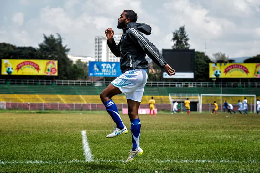 Somalia substitute Mohamud Ali warms up during a game against Ethiopia