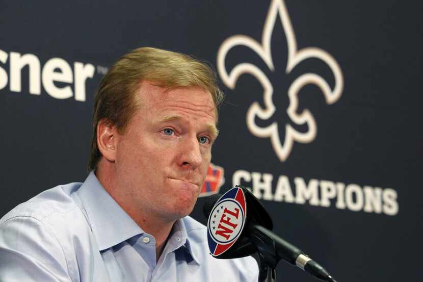 In this Aug. 2, 2010 file photo, NFL commissioner Roger Goodell speaks at a media conference...