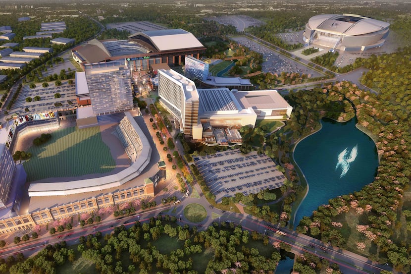 An aerial view of the planned updates to Arlington's Entertainment District including a...