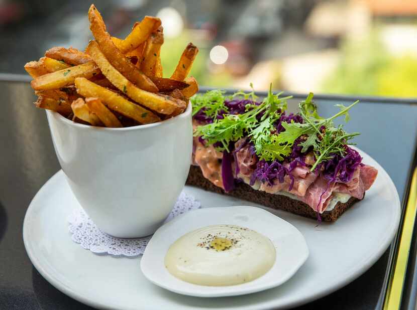 The Reuben tartine, with housemade mayonnaise and french fries 