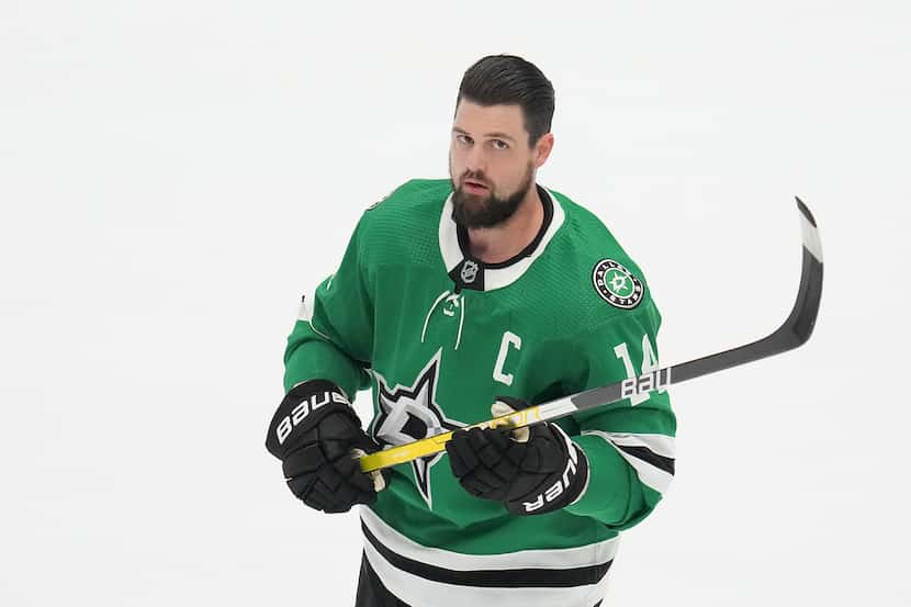 Dallas Stars left wing Jamie Benn warms up before Game 6 of the Stanley Cup Western...