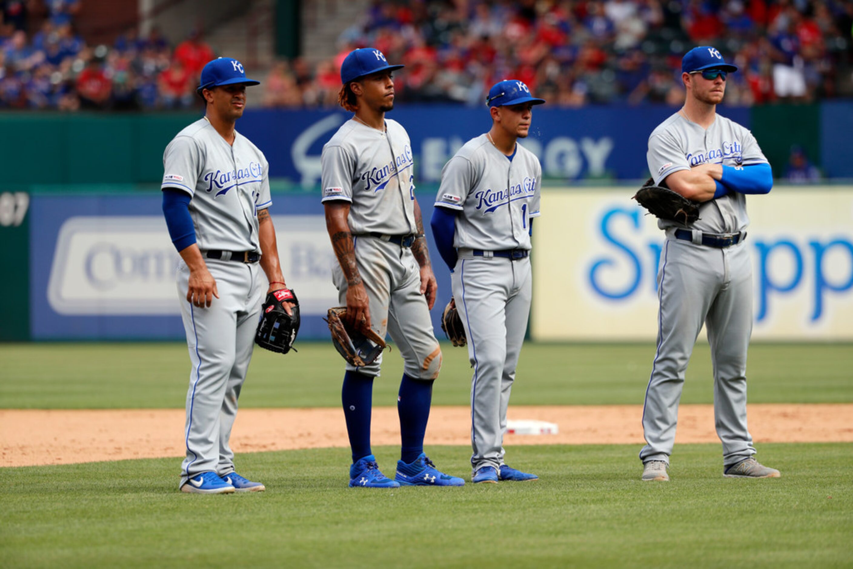 Kansas City Royals' Cheslor Cuthbert, from left, Adalberto Mondesi, Nicky Lopez and Ryan...