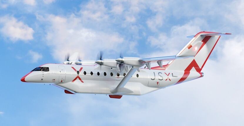 Rendering of the Heart Aerospace ES-30 30-seat hybrid-electric aircraft in JSX livery
