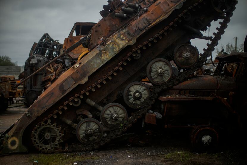 Destroyed Russian equipment is seen placed in an area at the recaptured town of Lyman,...