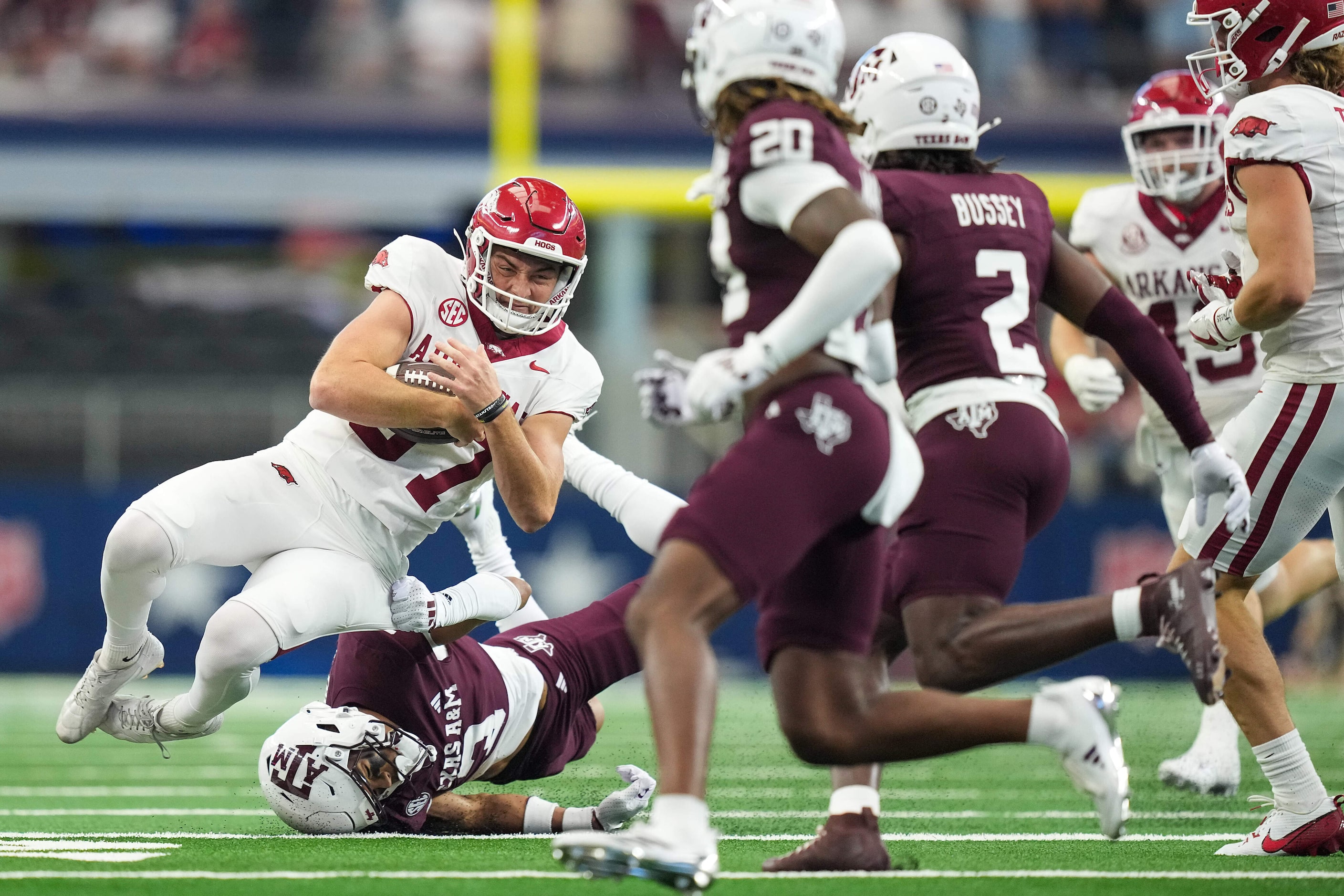 Arkansas punter Devin Bale (37) picks up a first down on fake punt during the first half of...