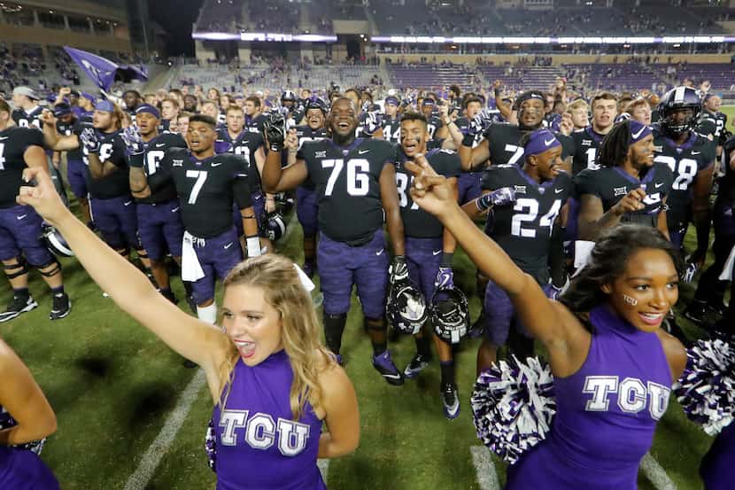 TCU celebrates a 63-0 victory against Jackson State at Amon G. Carter Stadium in Fort Worth,...