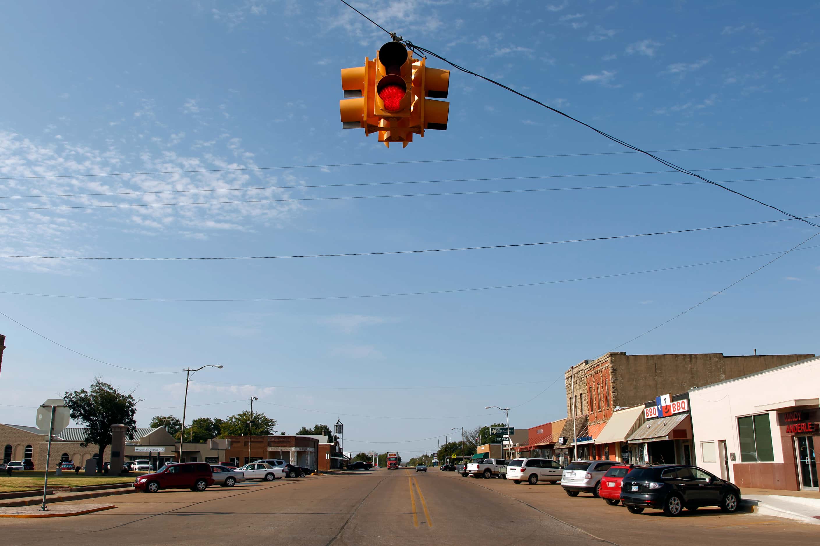 Looking down Center Street in downtown Archer City, Texas, a one traffic-light town.