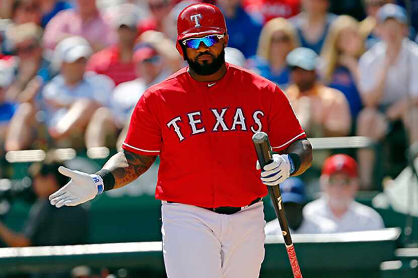 Prince Fielder shows his frustration during the Texas Rangers' 14-10 loss to the...