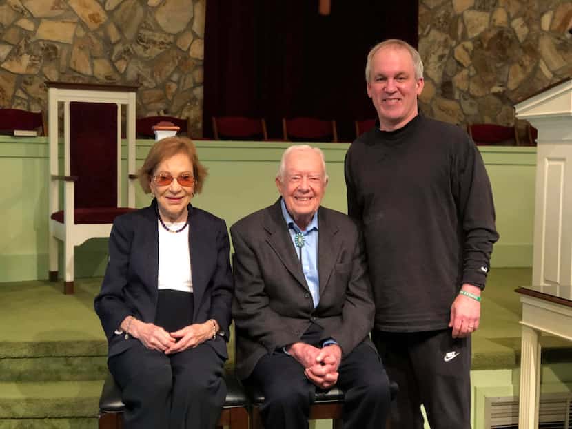 The author poses for a photo after the 11 a.m. church service with Rosalynn Carter and...