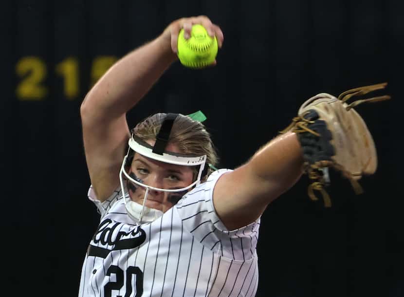 Denton Guyer pitcher Finley Montgomery (20) delivers a pitch to a Keller batter during the...