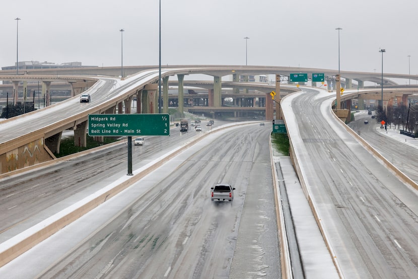 The Dallas High-Five interchange is seen covered in sleet and slush after a winter storm...