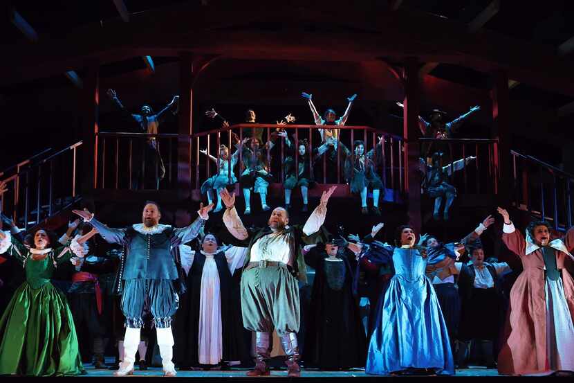 Grand finale of 2022 Santa Fe Opera production of Verdi's 'Falstaff." Foreground, from left:...
