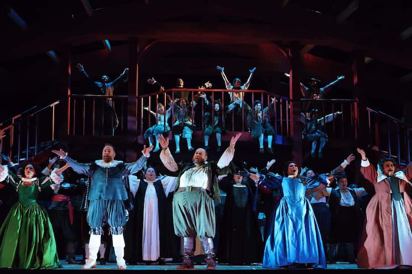 Grand finale of 2022 Santa Fe Opera production of Verdi's 'Falstaff." Foreground, from left:...