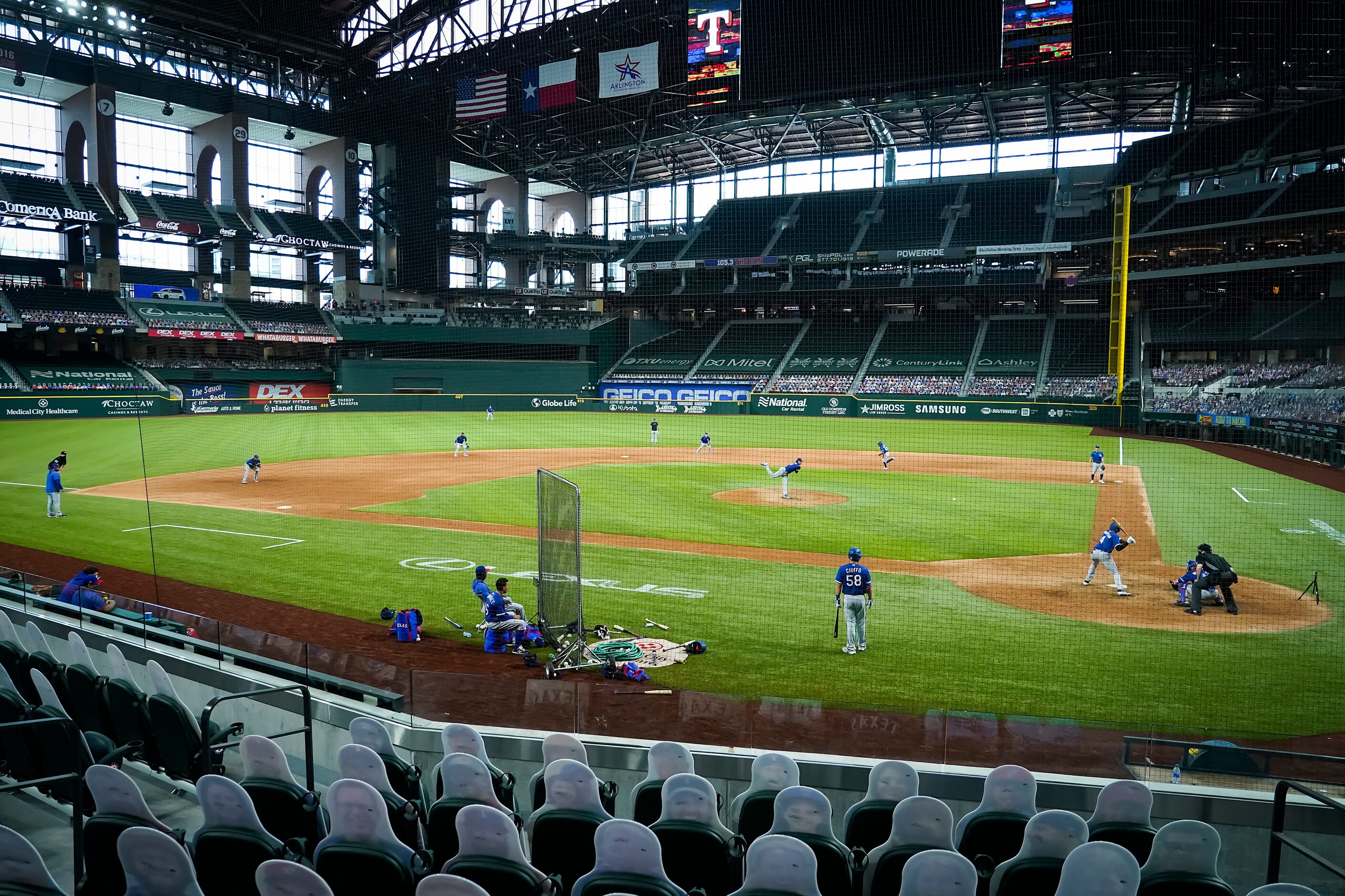 Texas Rangers outfielder Bubba Thompson bats against pitcher Tyler Phillips during a game...