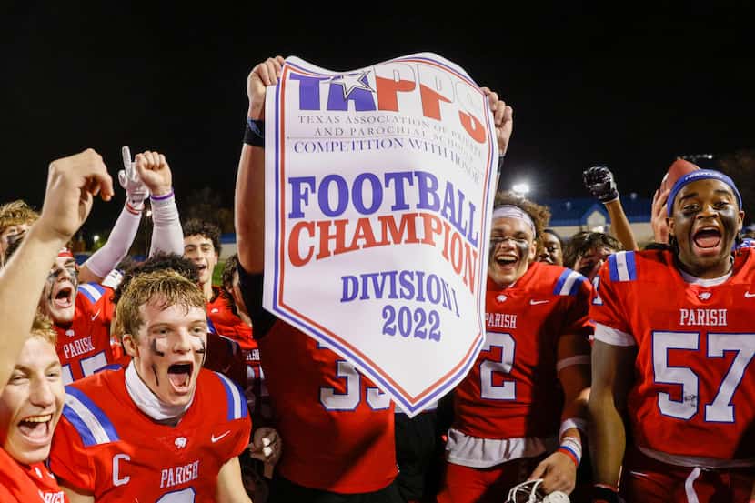 Parish Episcopal players celebrate after winning the TAPPS Division I state championship...