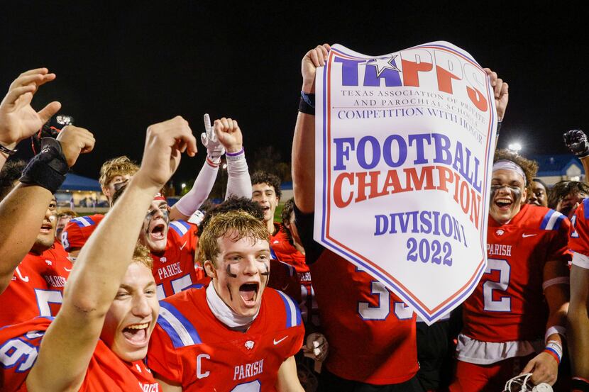 Parish Episcopal players celebrate after winning the TAPPS Division I state championship...