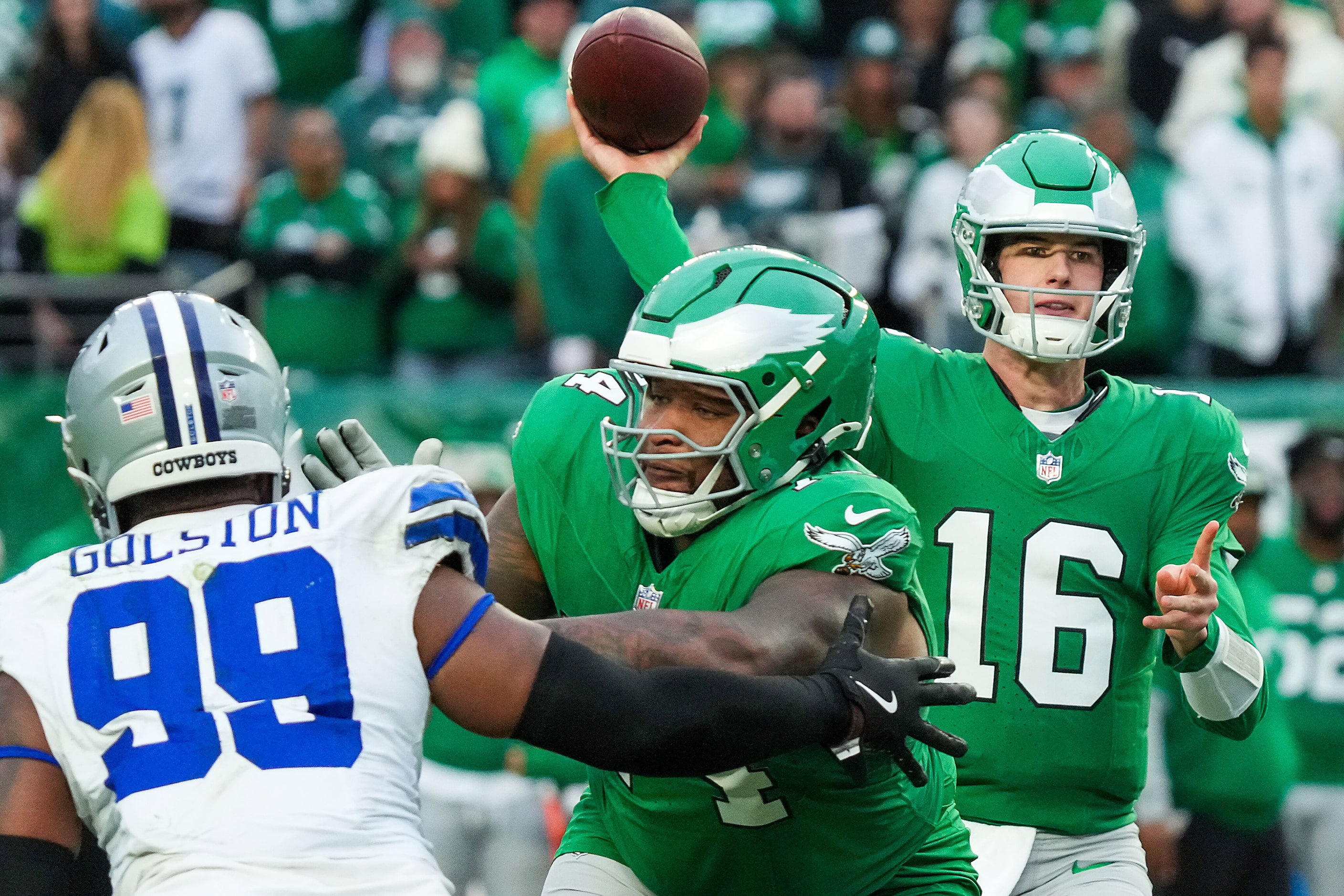 Philadelphia Eagles quarterback Tanner McKee (16) throws a touchdown pass to wide receiver...