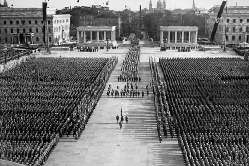 
A Nazi rally was held on the Königsplatz in Munich in 1936. The Hitler salute is now illegal.
