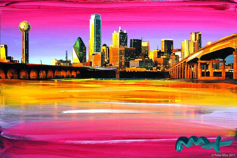 An artwork by pop artist Peter Max depicts the Dallas skyline.
