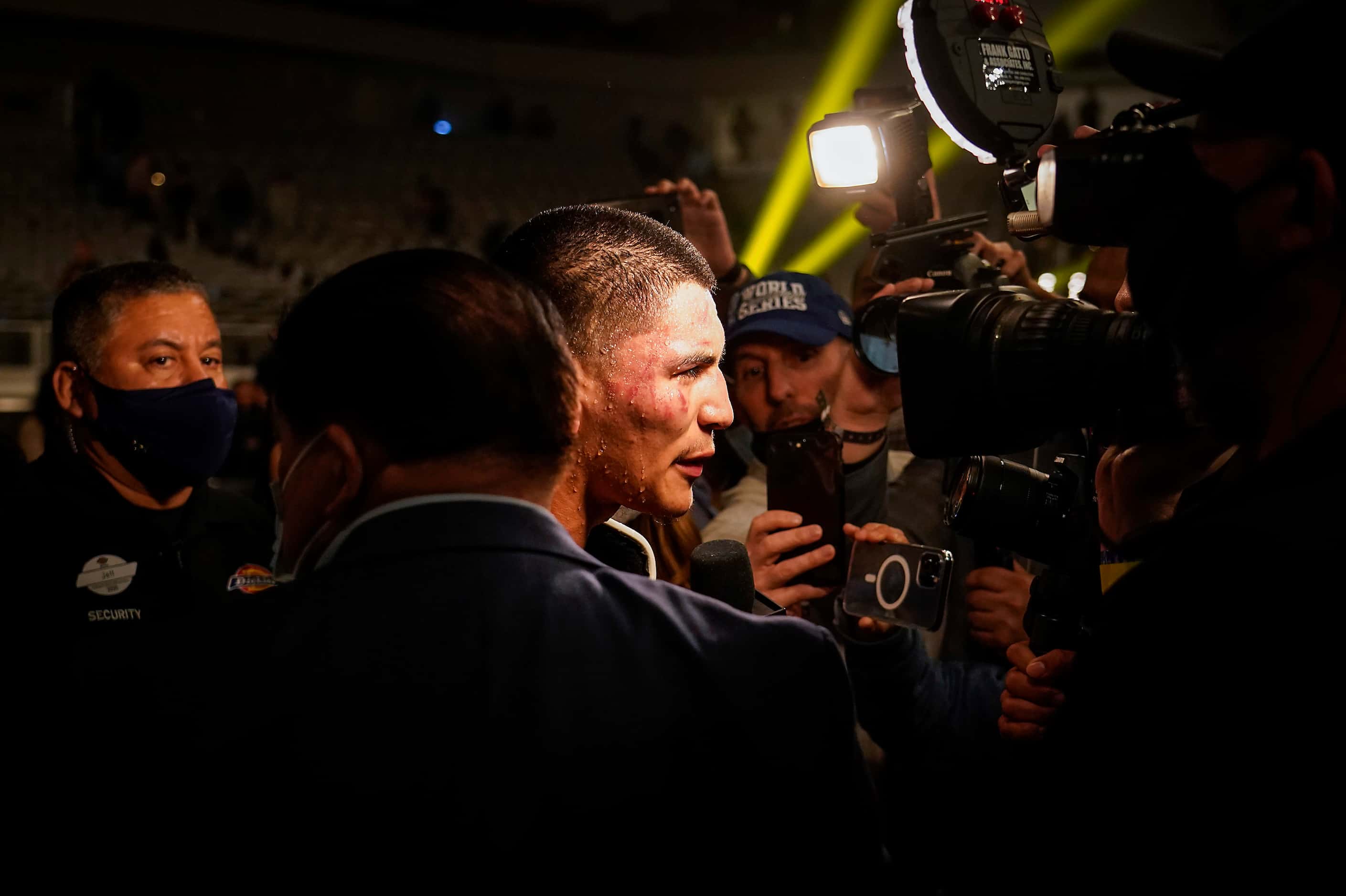 Vergil Ortiz Jr. talks to media after knocking out Maurice Hooker in the seventh round for...