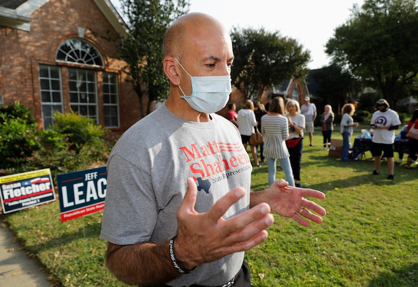 State Rep. Matt Shaheen met with volunteers before a door-knocking campaign in Plano one...