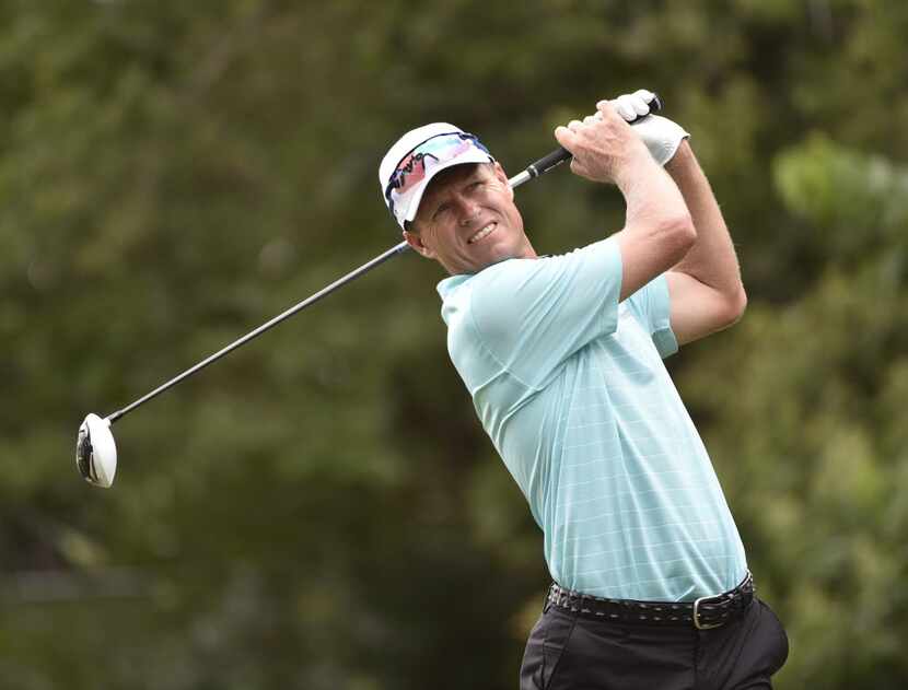John Senden tees off on the 15th tee during the second round of the AT&T Byron Nelson Golf...