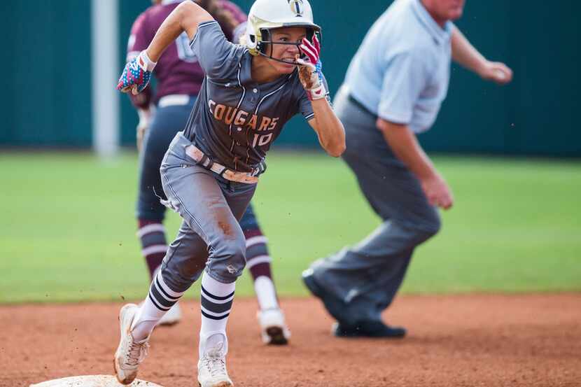 The Colony's Jayda Coleman runs to third base during a Class 5A state semifinal on May 31,...