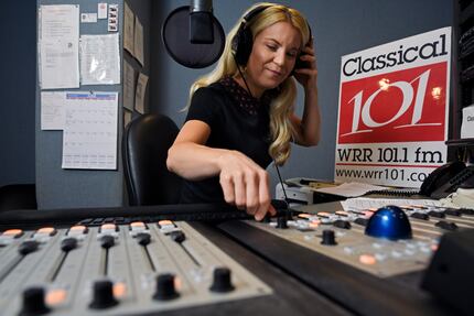 Amy Bishop adjusts a control knob at the WRR studios during a recording session for her...