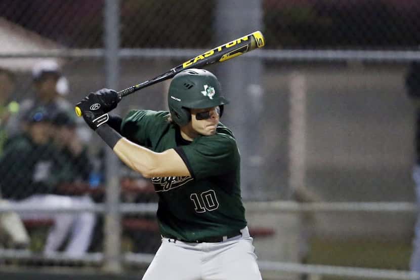 Southlake Carroll's Hudson Sanchez (10) prepares to bat in the fourth inning of a high...