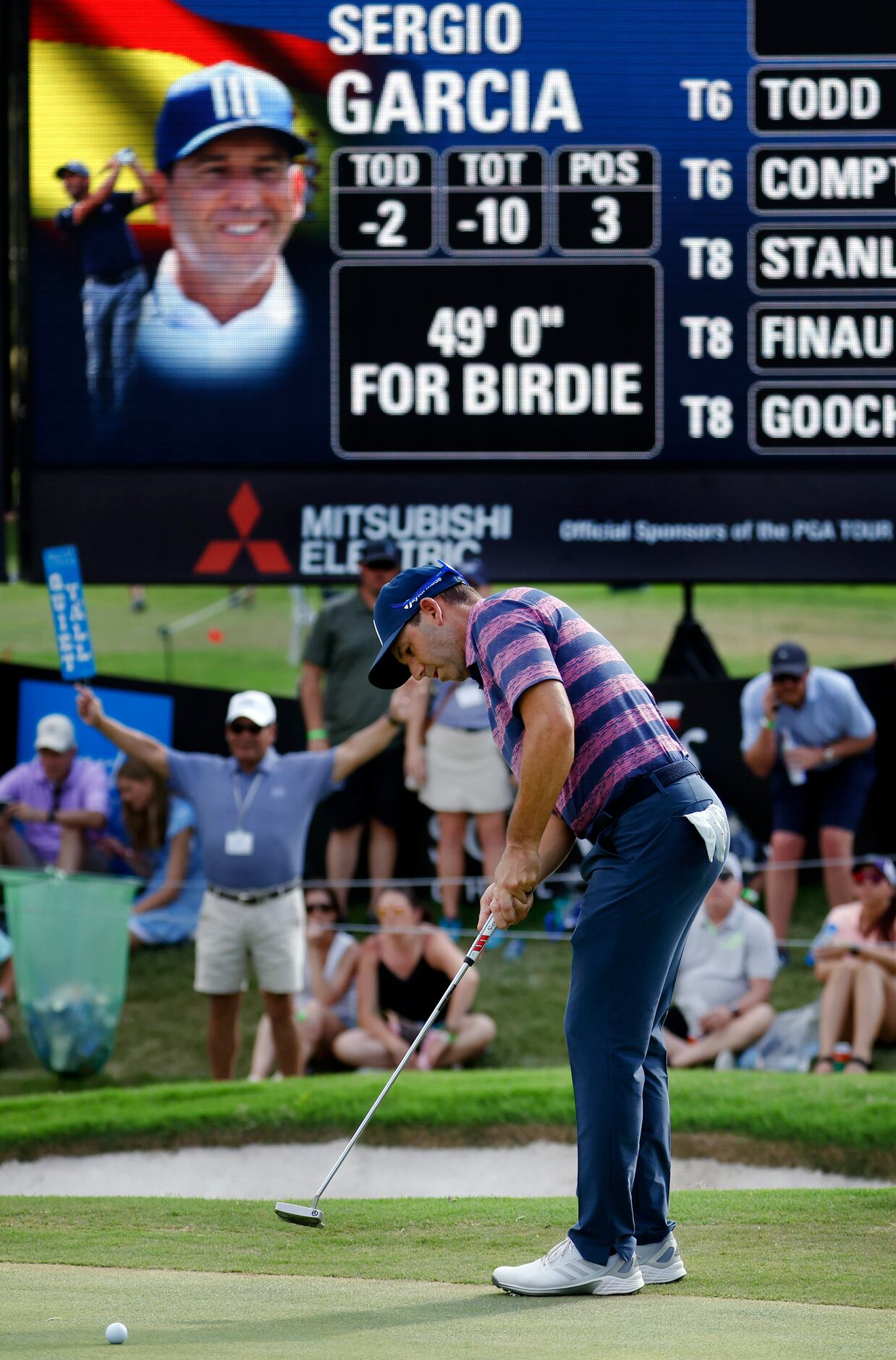 Professional golfer Sergio Garcia hits his birdie attempt on No. 16 during round three of...