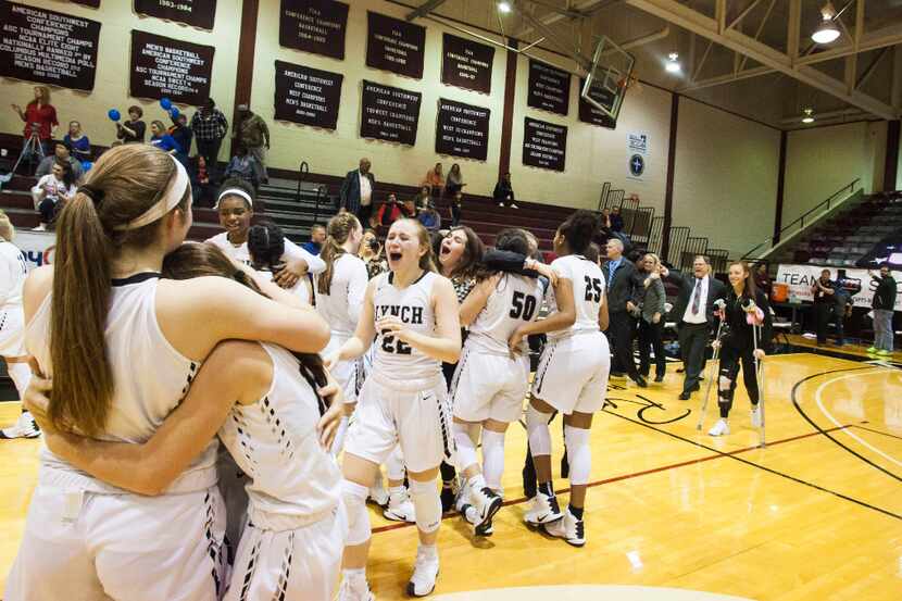 The Bishop Lynch Lady Friars celebrate their victory over Parish Episcopal in the TAPPS 6A...