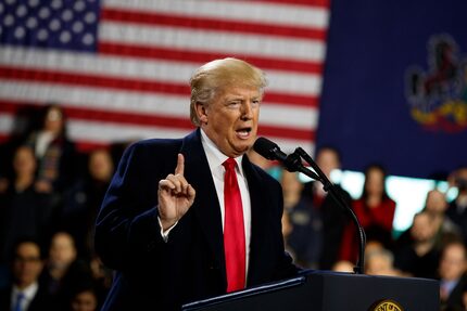 President Donald Trump speaks at H&K Equipment Co. during a visit to Coraopolis, Pa., to...