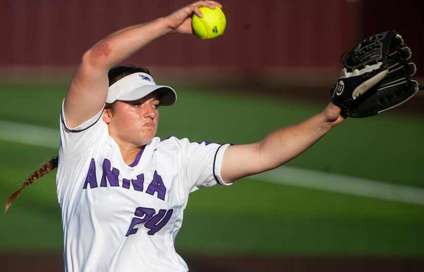 Anna's Hannah Howell pitches during a Class 4A Region II semifinal softball series at the...