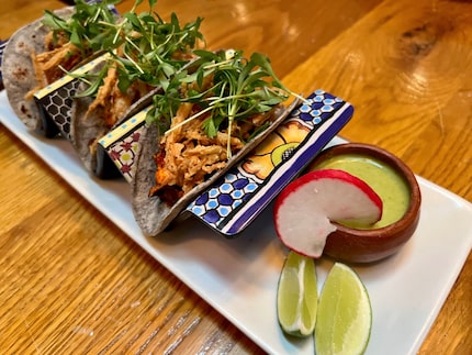 Cantina La Rosa's pulpo al pastor are served on blue corn tortillas. 