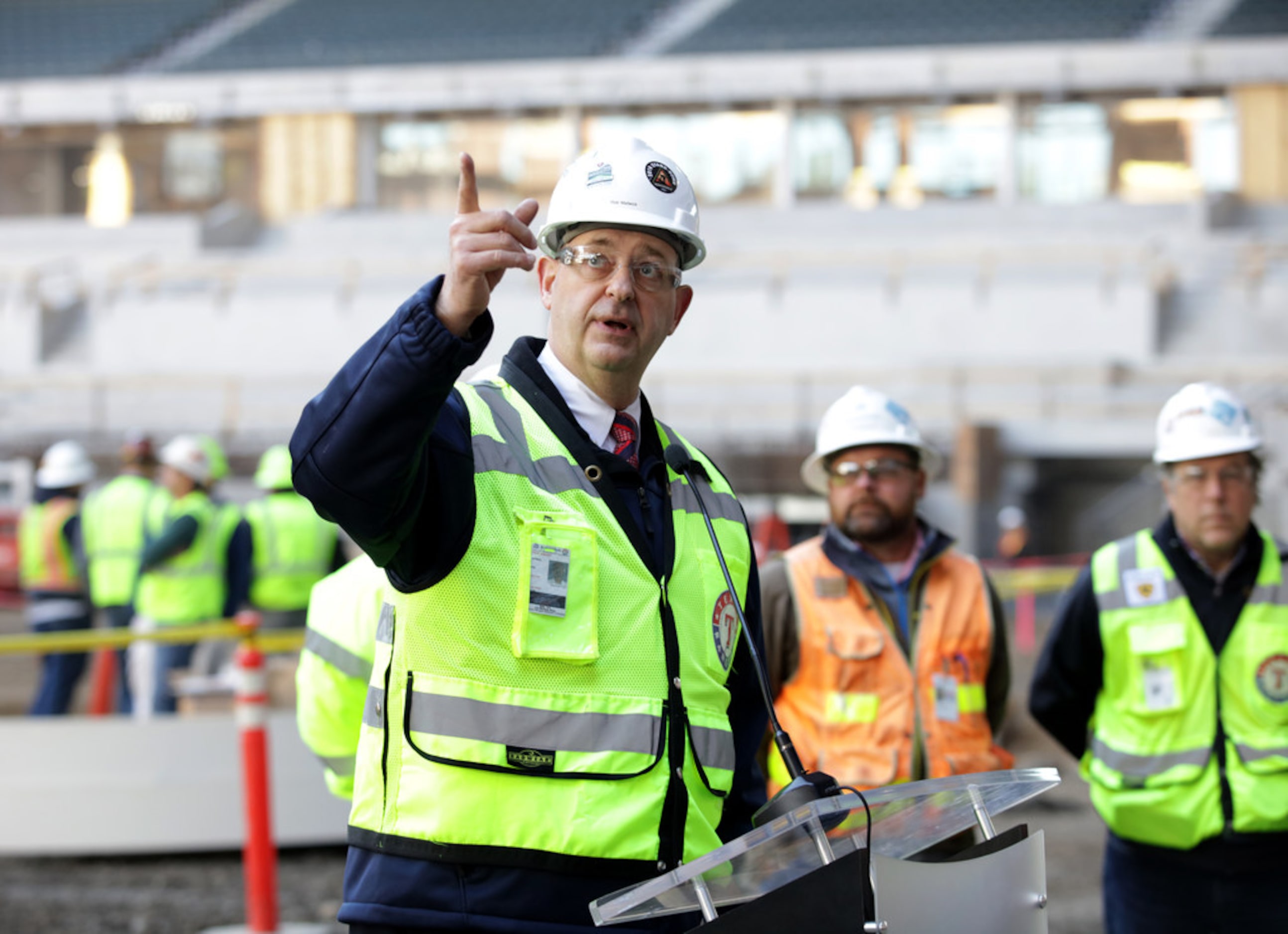 Rob Matwick give a construction update at Globe Life field in Arlington, TX, on Dec. 18,...