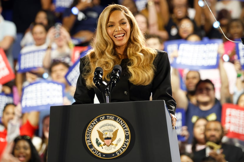 Musical artist Beyoncé on stage at a campaign event for Democratic presidential nominee Vice...