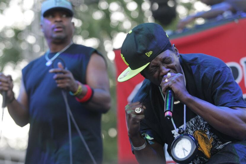 Flavor Flav, right, and Chuck D of Public Enemy perform on The Backyard stage on day one of...