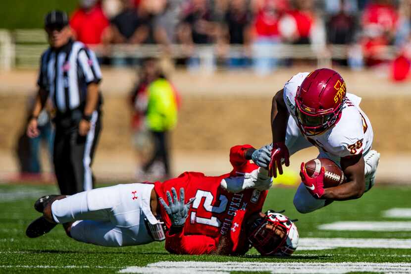 LUBBOCK, TEXAS - OCTOBER 19: Running back Breece Hall #28 of the Iowa State Cyclones is...