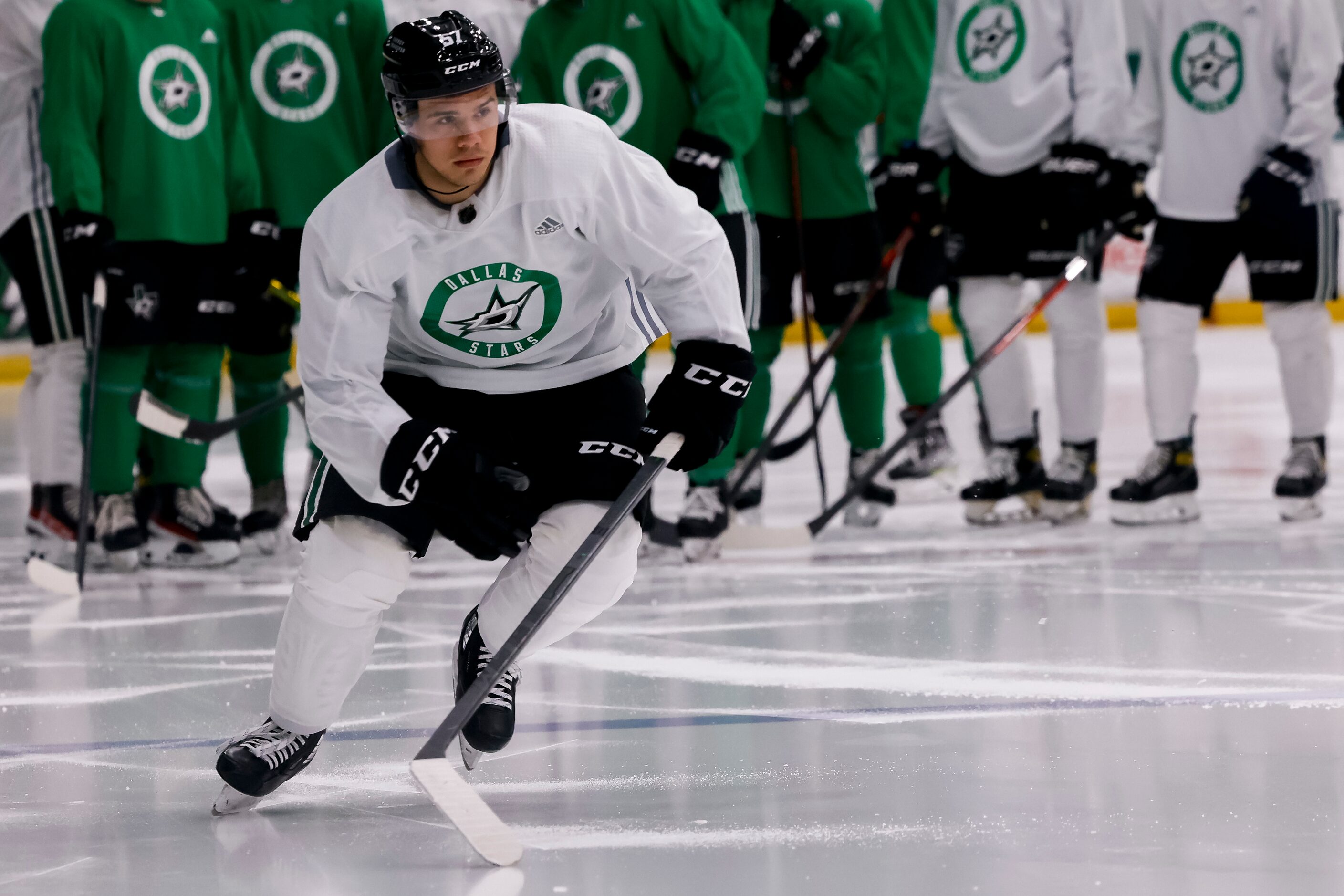 Logan Stankoven (57) participates in a drill during the Stars’ annual development camp Group...