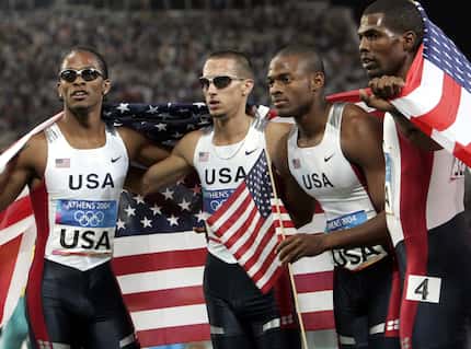 2004 Summer Olympic Games (L-R): The United States' Darold Williamson, Jeremy Wariner , Otis...
