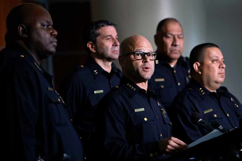 Dallas Police Chief Eddie Garcia delivers remarks about the arrest of Angela West, wife of...