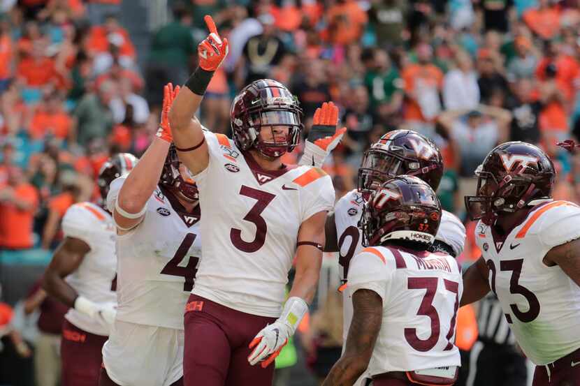 In this Oct. 5, 2019, file photo, Virginia Tech defensive back Caleb Farley (3) celebrates...