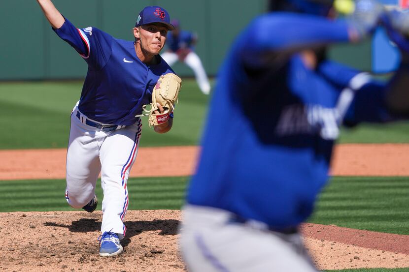 Texas Rangers pitcher Jack Leiter delivers during the sixth inning of a spring training game...