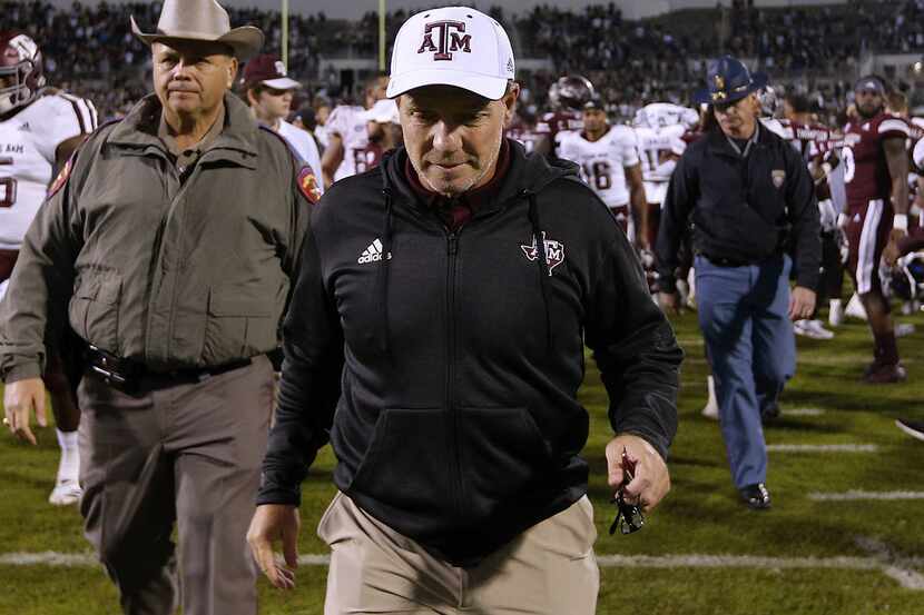 STARKVILLE, MS - OCTOBER 27: Head coach Jimbo Fisher of the Texas A&M Aggies reacts after a...