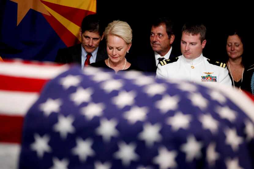 Cindy McCain sat with her son, Jack, during a memorial service for Sen. John McCain at the...
