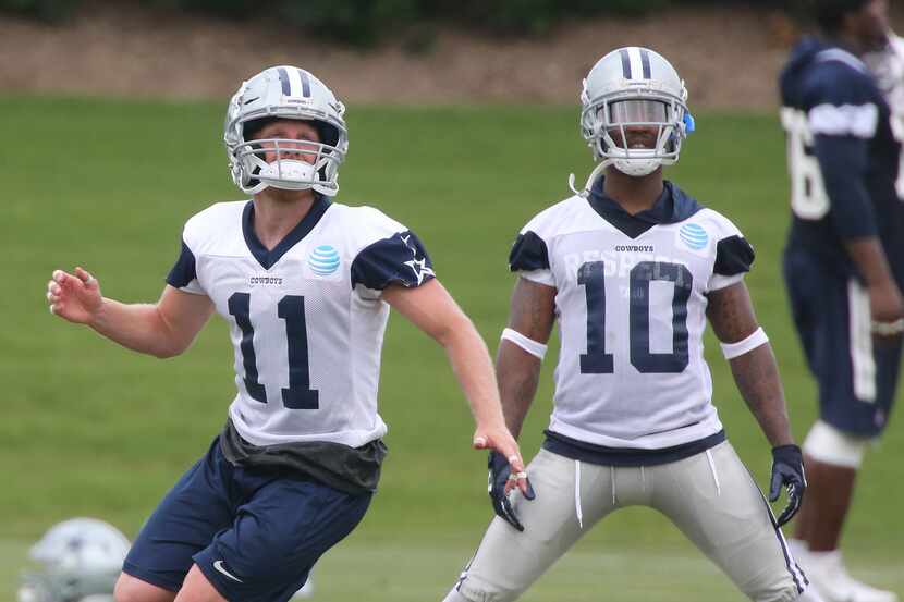 Dallas Cowboys Cole Beasley (11) and Tavon Austin (10) practice receiving punts at Dallas...