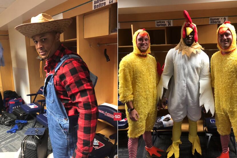 The farmer, Adrian Beltre (left), and his chickens (From L to R: Rangers pitchers Jeffrey...