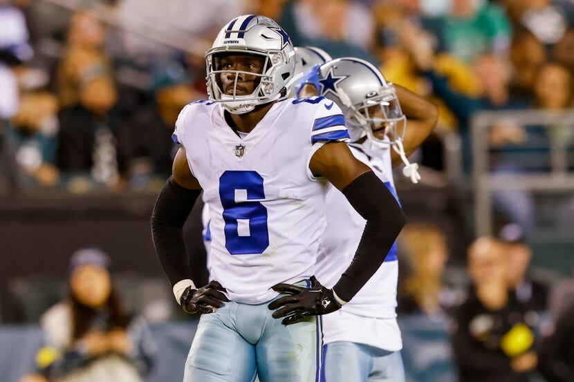 Dallas Cowboys safety Donovan Wilson (6) reacts after a referees call during the second half...